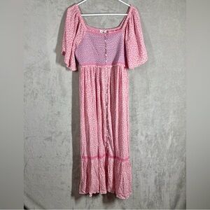 In Loom Ditzy Floral Prairie Dress Size L Pink NWT Cottage Milkmaid Tiered Flowy